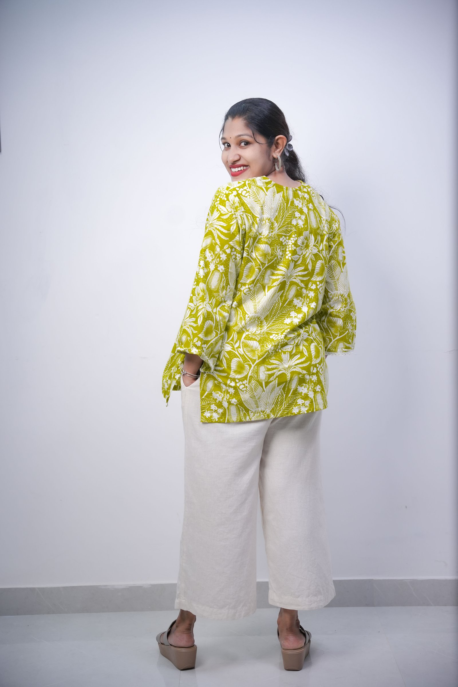 Lime Green Floral Print Cotton Short Kurt